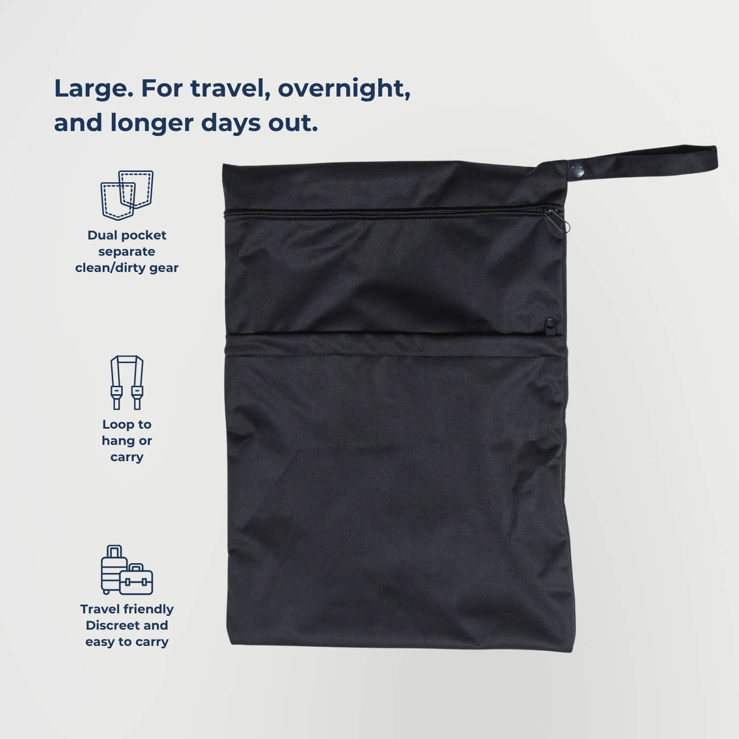 Kovered large dual-pocket DryBag flat lay showing hanging loop — odour-sealed waterproof bag for travel, overnight stays and spare leakproof clothing