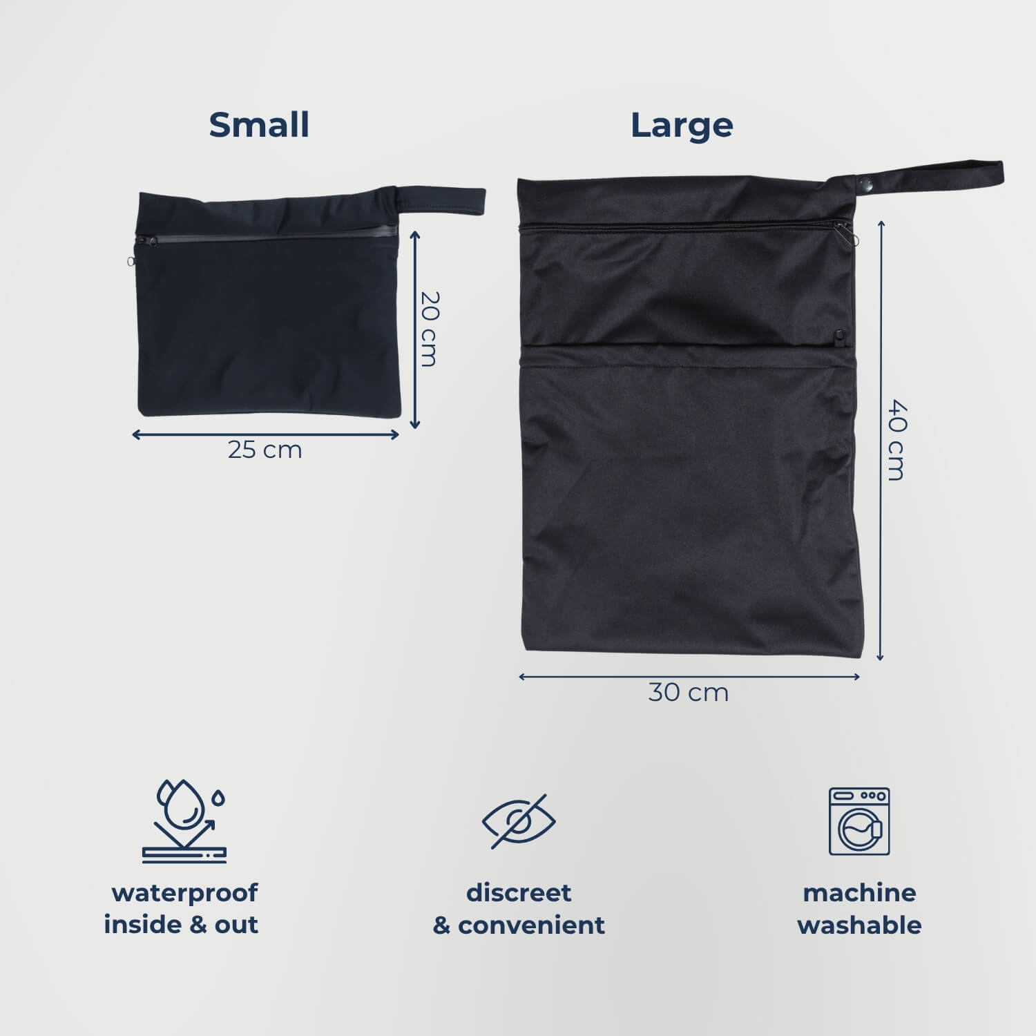 ize comparison diagram of Kovered DryBag small (20cm x 25cm) and large (40cm x 30cm) — waterproof wet bag for leakproof underwear and trackpants