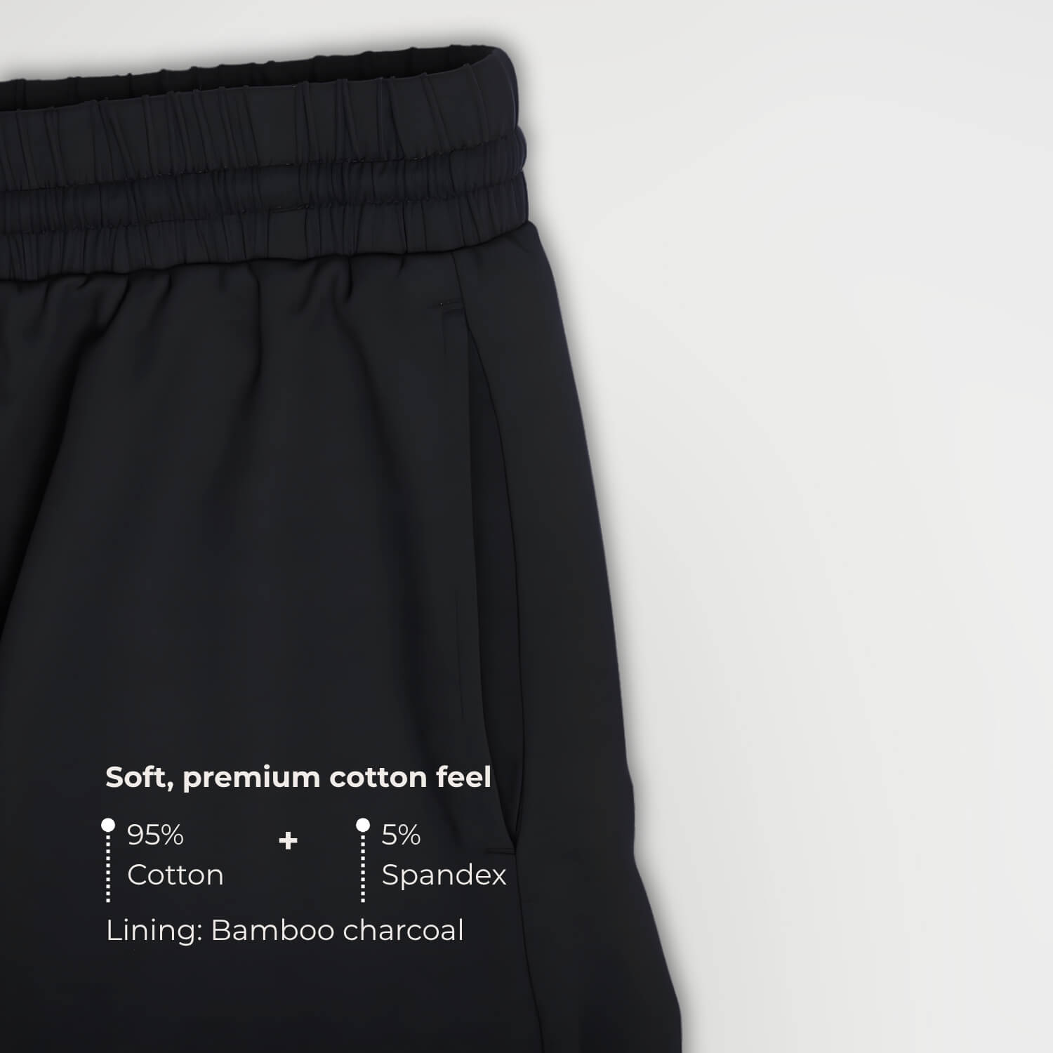 Close-up of Kovered leakproof trackpants waistband — soft premium cotton feel, 95% cotton 5% spandex outer, bamboo charcoal lining