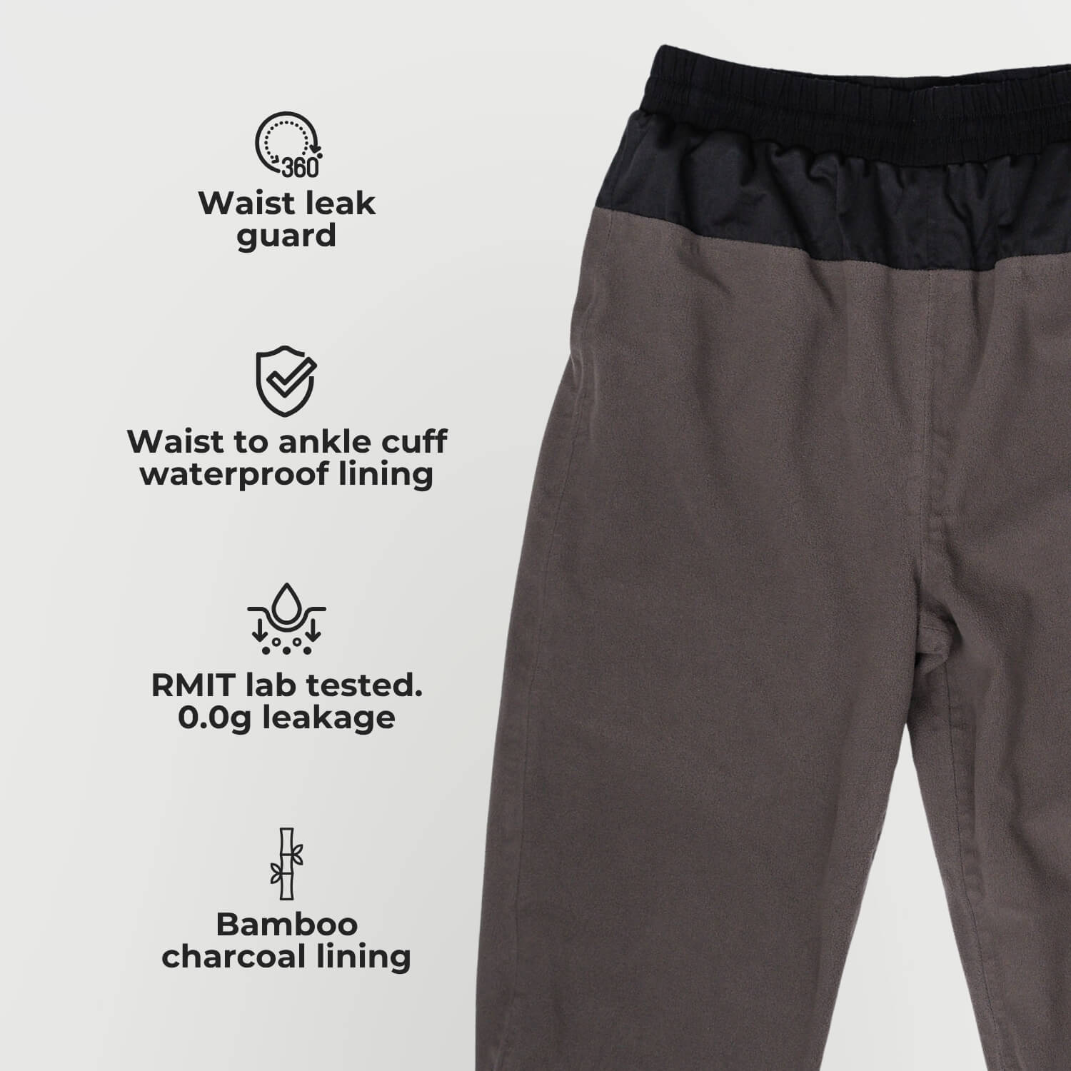 Close-up of Kovered leakproof trackpants showing waist leak guard, waist to ankle cuff waterproof lining. RMIT tested incontinence pants waterproof lining 0.0g leakage.