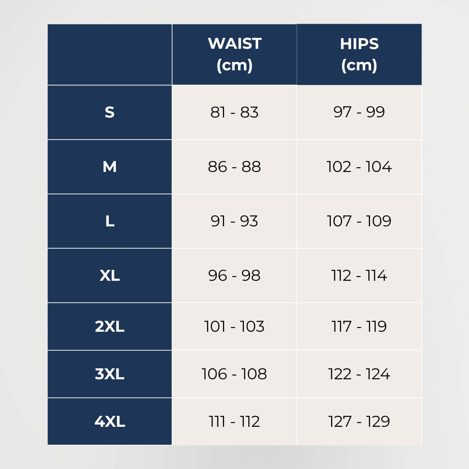 Size chart for men's incontinence underwear - waist and hip measurements S to 4XL