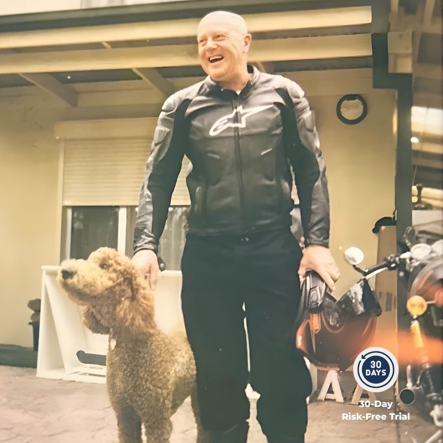 Man with his dog wearing Kovered Leakproof Everyday Trackpants — 30-day risk-free trial