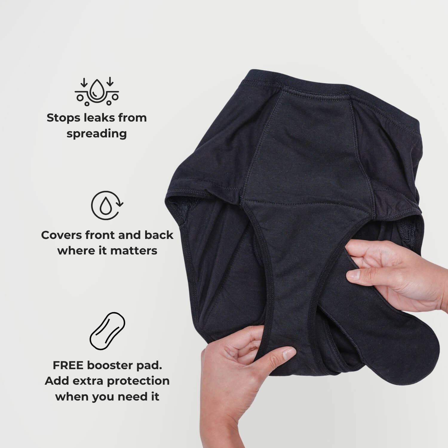 Free booster pad included with PFAS-free washable incontinence underwear for extra absorbency