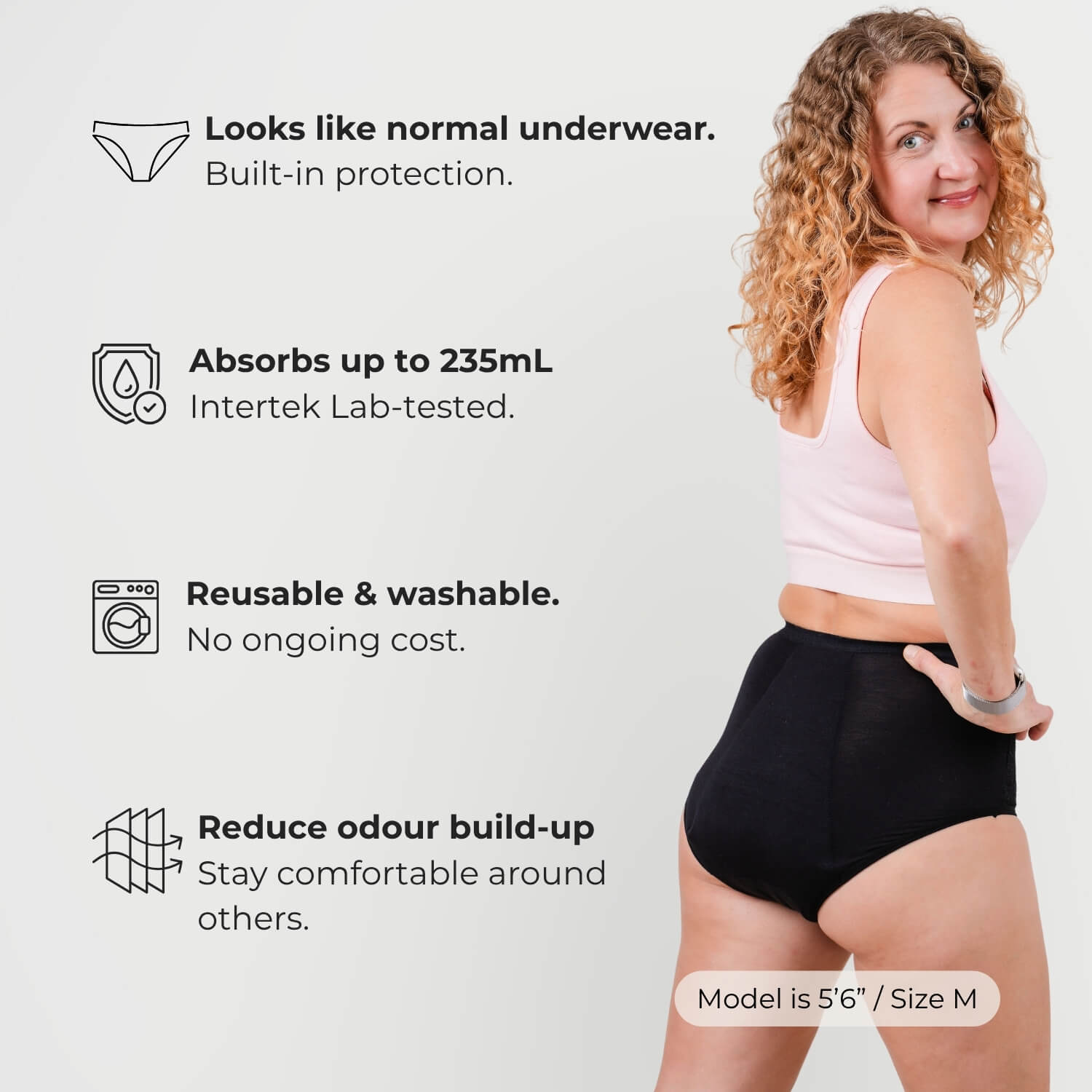 Washable incontinence underwear features - looks like normal briefs, 235mL lab-tested, reusable, odour control