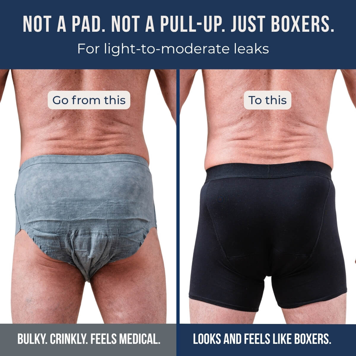 Before and after: a man in a bulky grey pull-up, then the same man in black Kovered boxer briefs. Text: Not a pad. Not a pull-up. Just boxers. For light-to-moderate leaks. Bulky, crinkly, feels medical. Looks and feels like boxers.