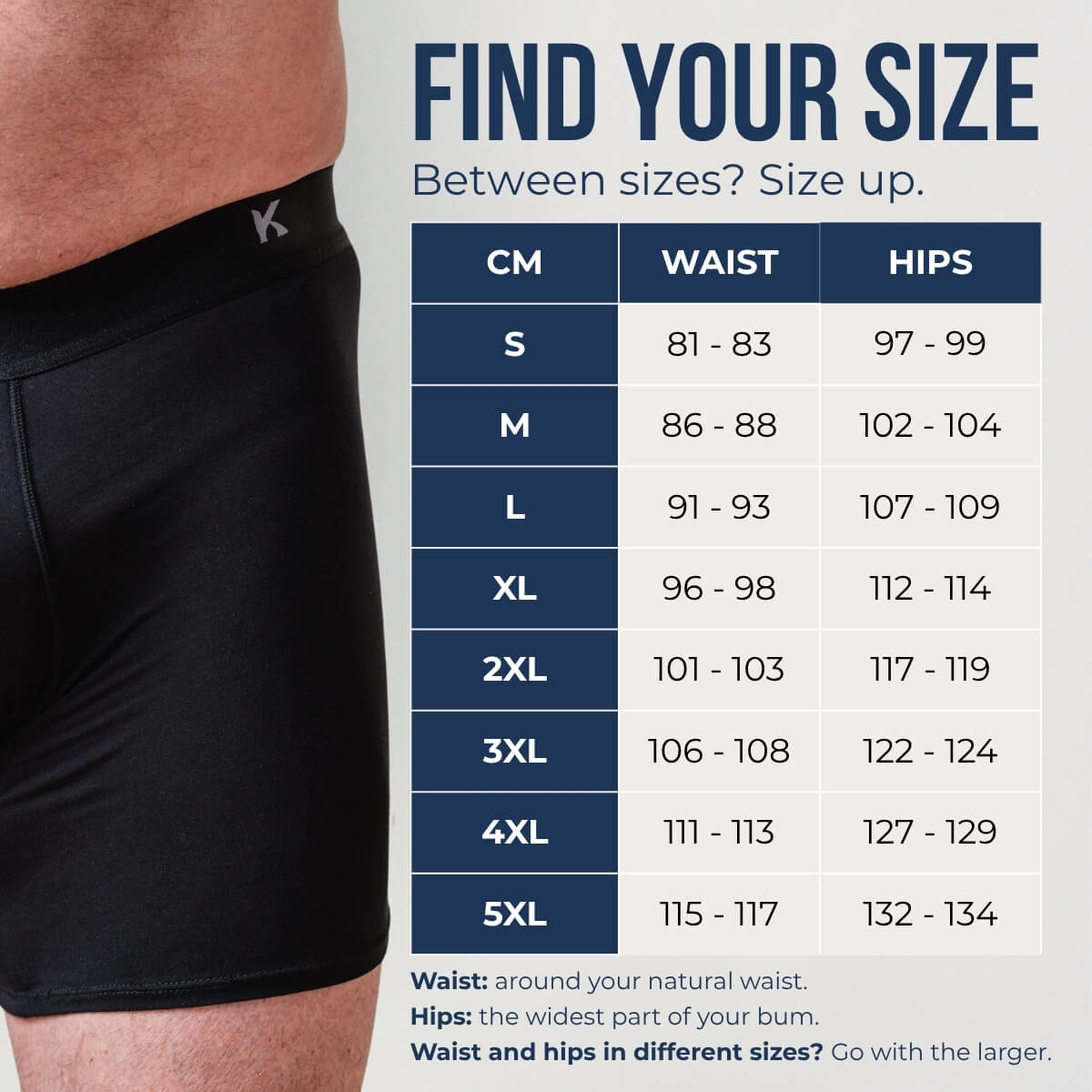 Size chart for Kovered men's leakproof boxer briefs, S to 5XL, waist and hips in cm. Between sizes? Size up. Waist and hips in different sizes? Go with the larger.
